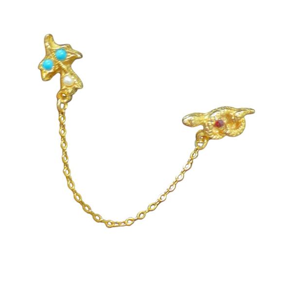 Snake Bird Lapel Pin Scarf Clip Chain Gold Tone Vintage Jewelry Beaded Brooch 3" - Picture 4 of 6